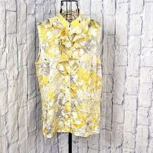 TAHARI Yellow and‎ Gray Floral Sleeveless Ruffled Button Up Blouse Large NWOT